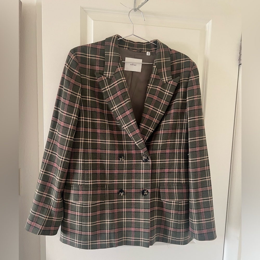 Wilfred Olive Green and Pink Plaid Double-Breasted Blazer Sz 10